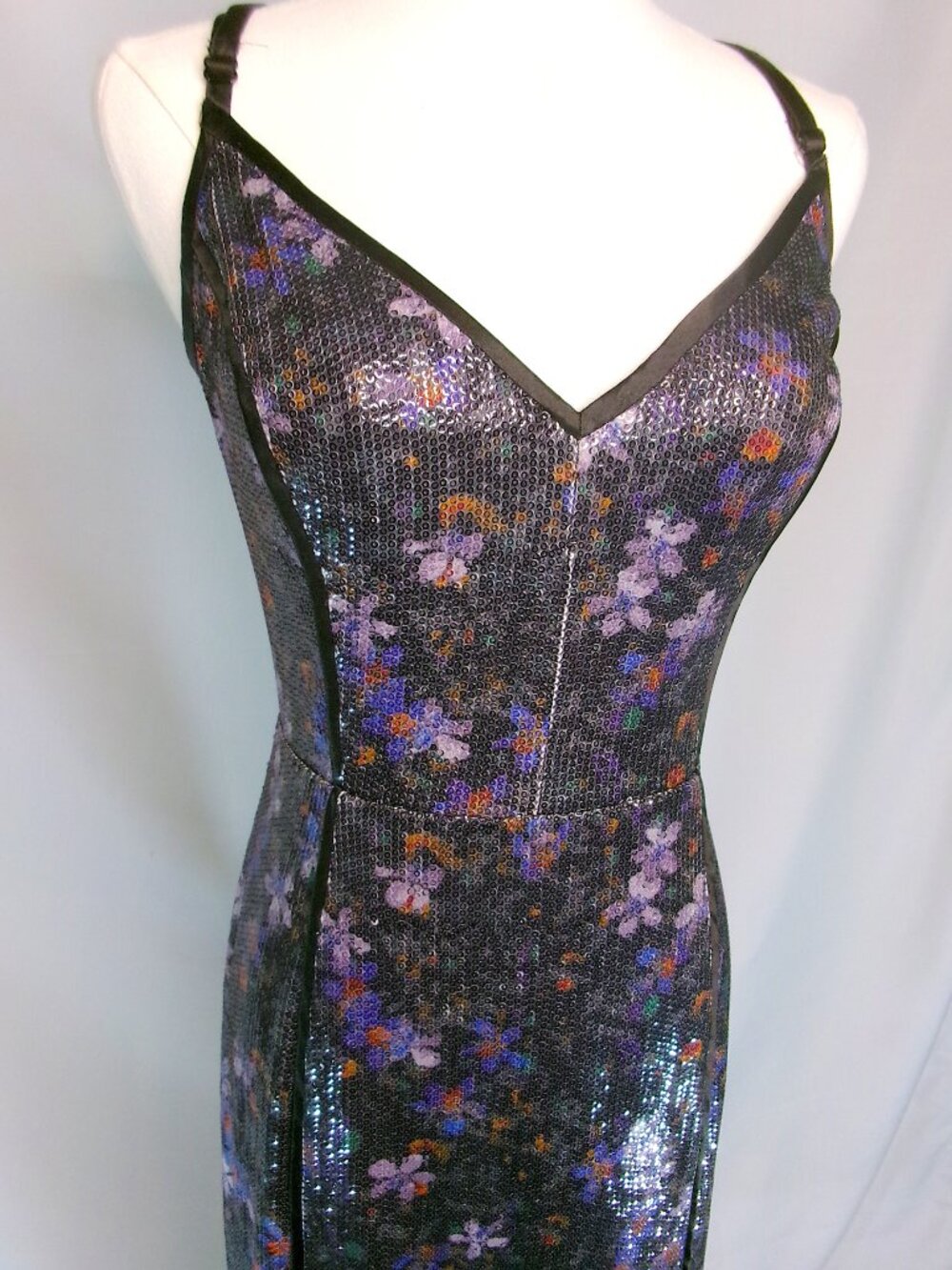 Rachel Roy Floral Sequin Maxi Dress Black Purple Open Back Party Dress Size 8